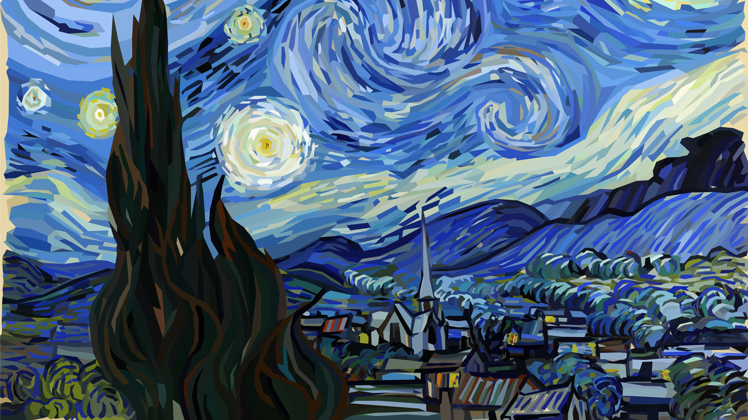Vincent Van Gogh Bild Sternennacht, abstraktes früh expressionistisches Ölgemälde, Dorf mit Kirchturm und blauen Hügeln im Hintergrund, vorne Zypressen